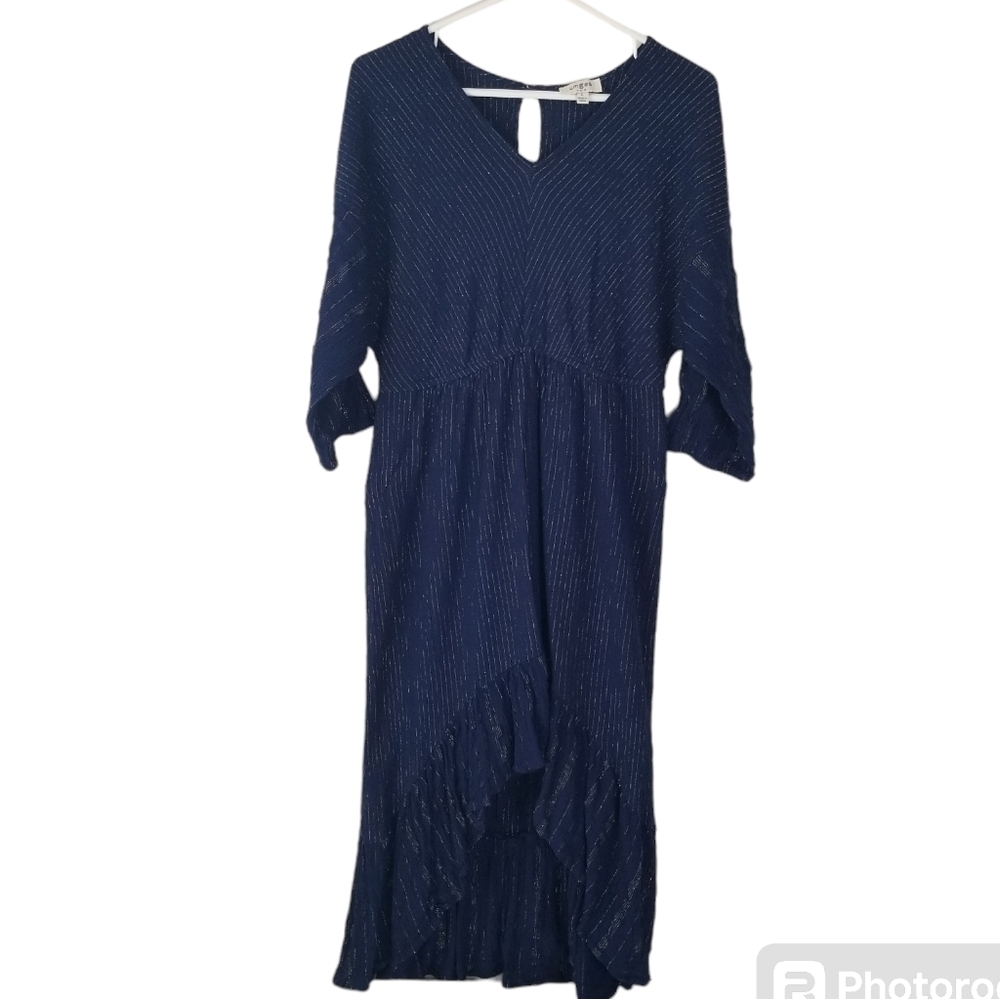 Umgee Blue/Gold Metallic Stripe 3/4 Sleeve Hi-low Midi Dress Size L Ruffle Hem